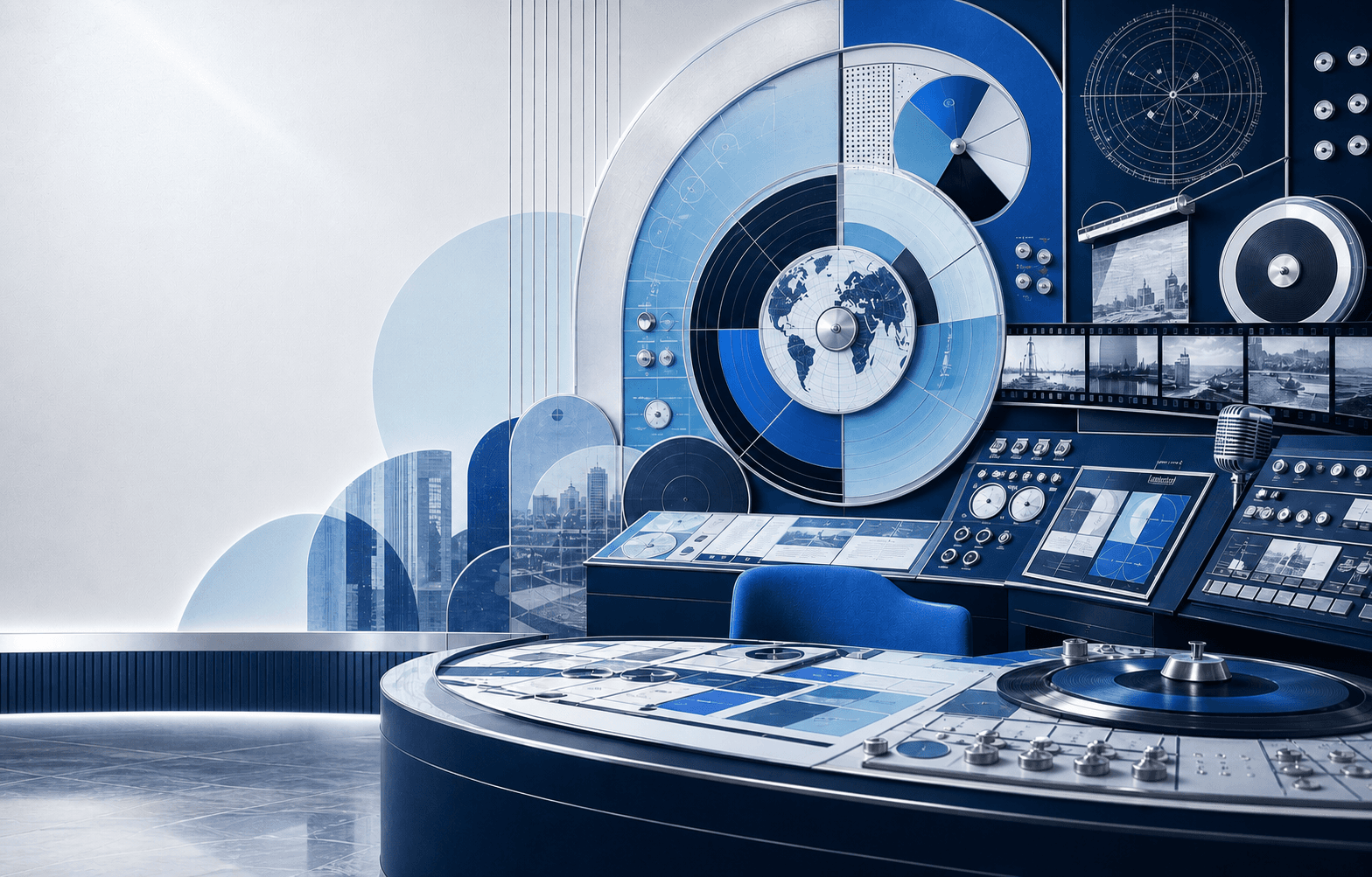 A blue retro-modern marketing command room representing an integrated business system