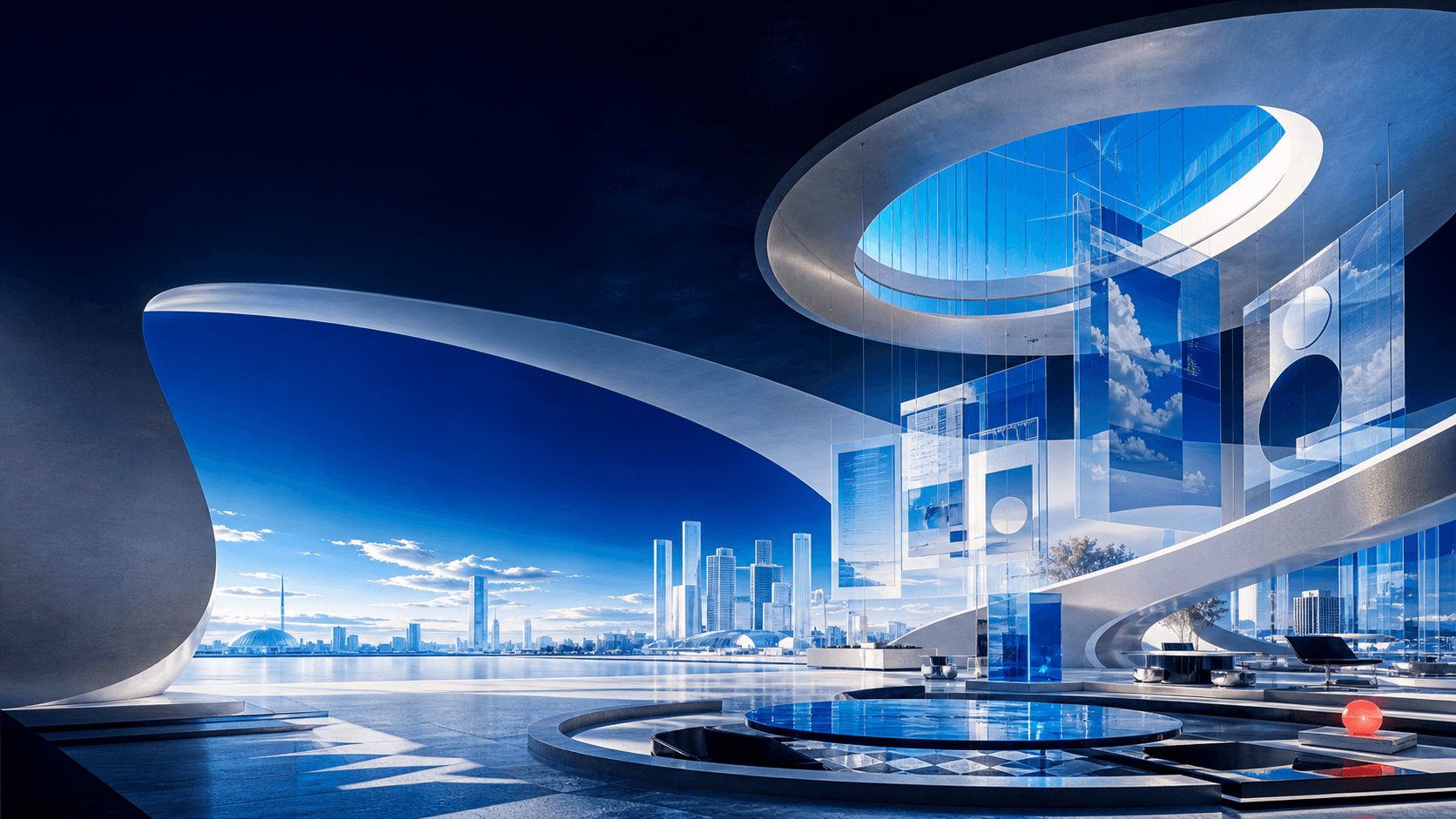 A luminous blue architectural observatory where media, business, and cultural signals converge